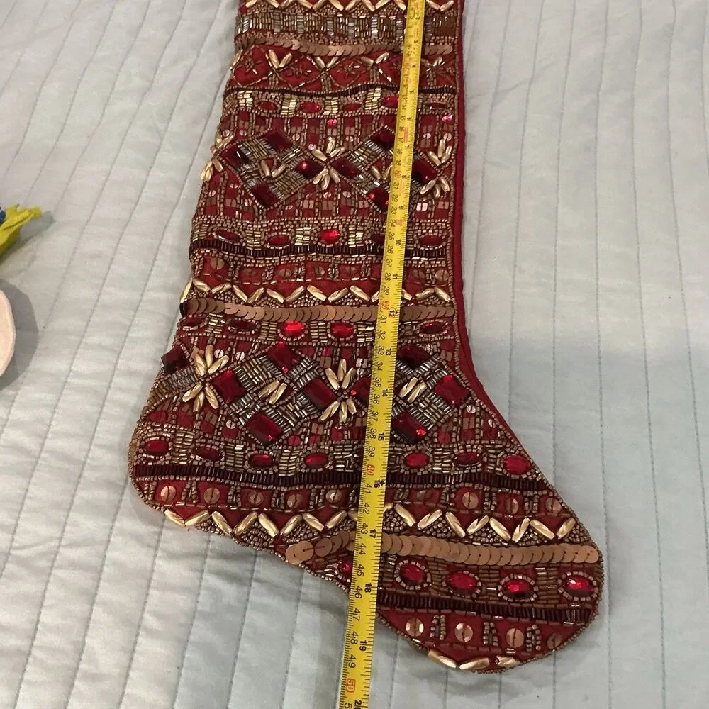 Kim Seybert Beaded Christmas Stocking Red Gold Jeweled Holiday Decor 19”